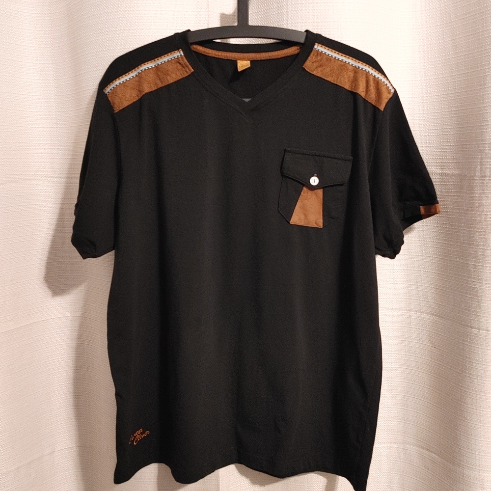 (4/$20) Men's Comeor Black V-Neck T-Shirt With Brown Accents Size XXL